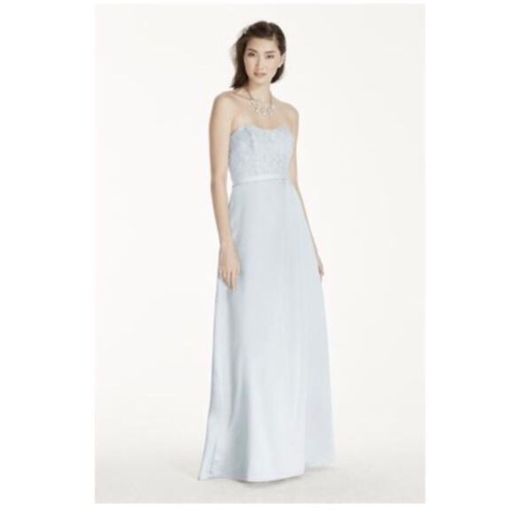 David's Bridal Light Blue Strapless Lace & Satin Gown - Picture 1 of 14